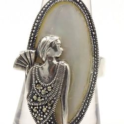 925 Sterling Silver Mother of Pearl Marcasite ART DECO ring Sz 8