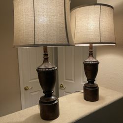 Table Lamps, Dark Brown w/ Beige Lamp Shades 