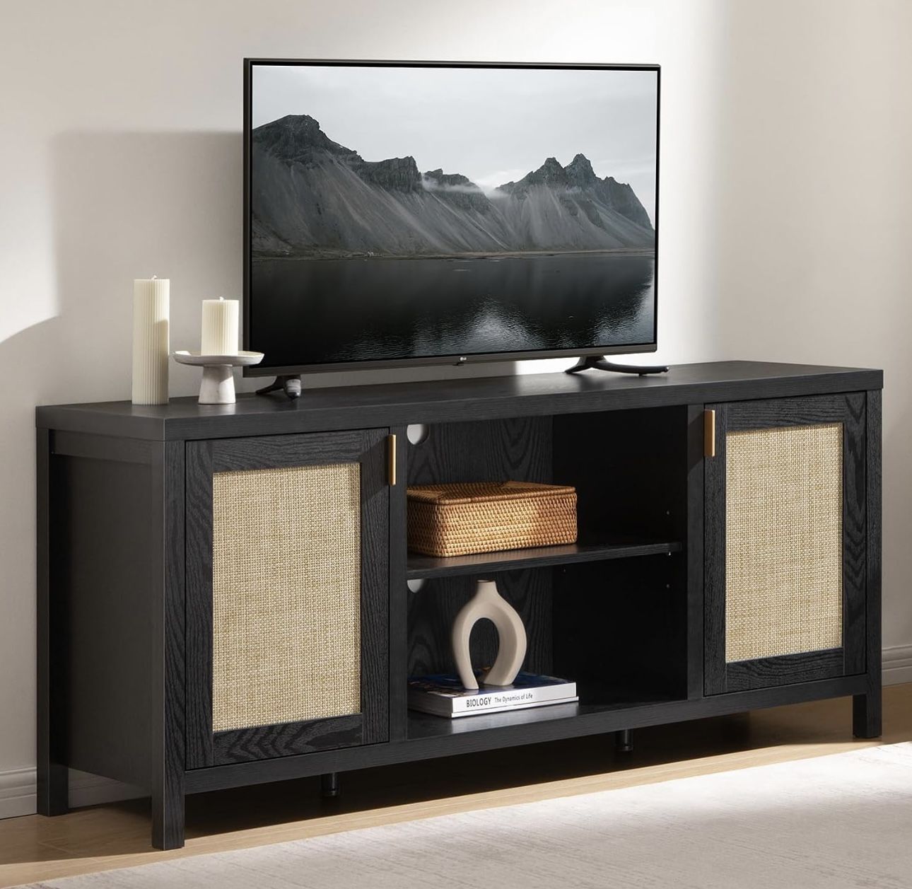Rattan TV Stand for Living Room - 26" Tall Farmhouse Entertainment Center with Storage and Wicker Door, Media TV Console Cabinet for TVs Up to 65 Inch