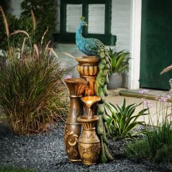LuxenHome 44" Resin Outdoor Water Fountain, Peacock Garden Water Fountain Outdoor with LED Lights，F904