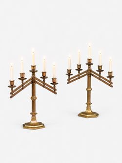 Pair of Antique Gothic Revival Brass Five-Light Candelabras by Rostand, c.1920's - Delivery Available