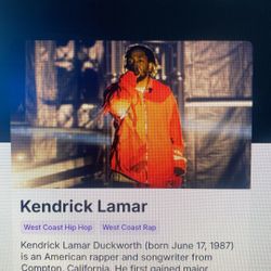 Kendrick Lamar Concert - Friday May 23rd @ Sofi 7p, 1 ticket in section VIP110, Row 2, Seat 5. Comes with drinks. $2000