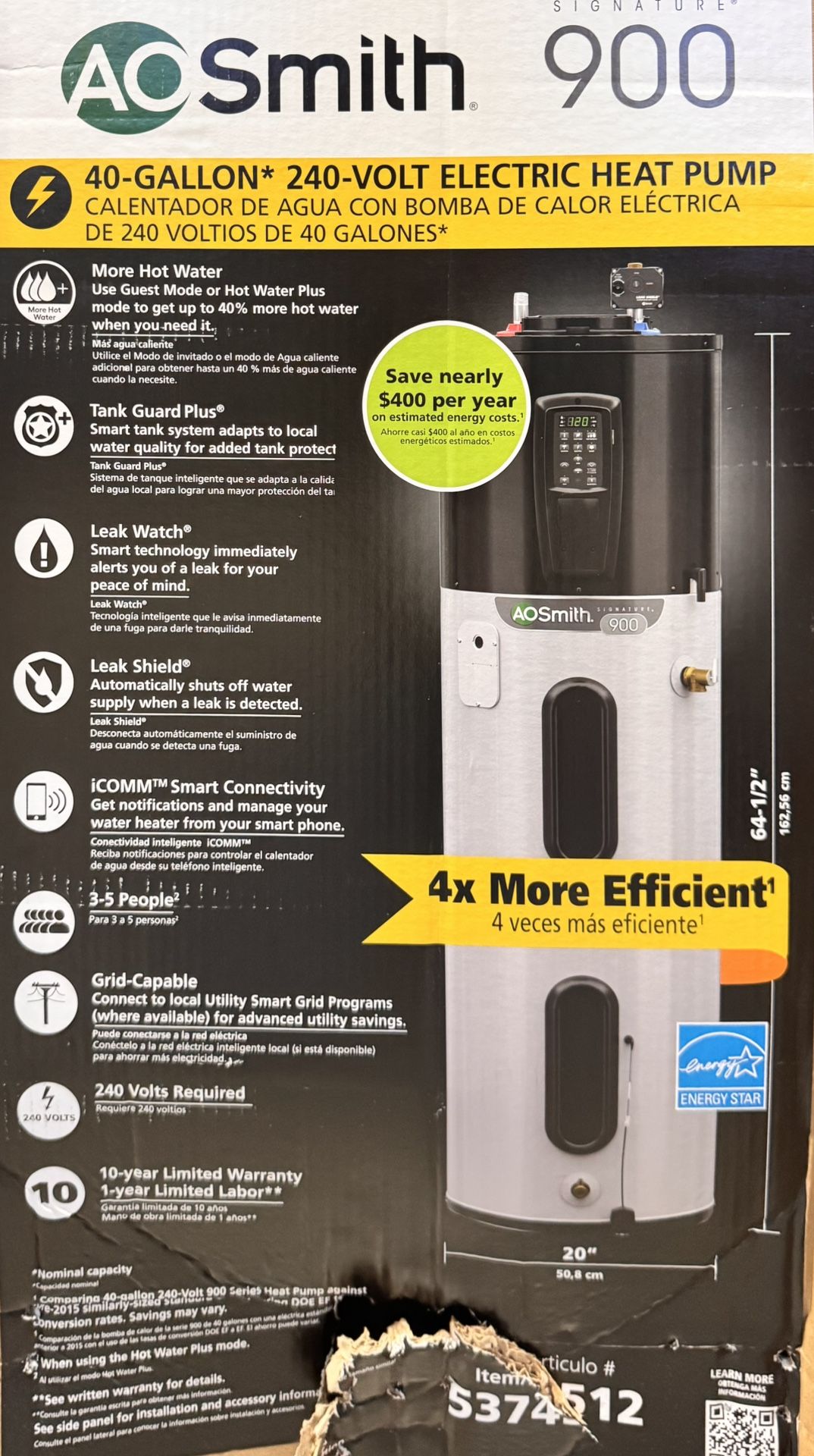 AOSmith 40-Gal Electric 240v Water heater Heat Pump