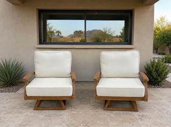 Pair of Teak Outdoor Patio Swivel Chairs Sunbrella Cushions *New*