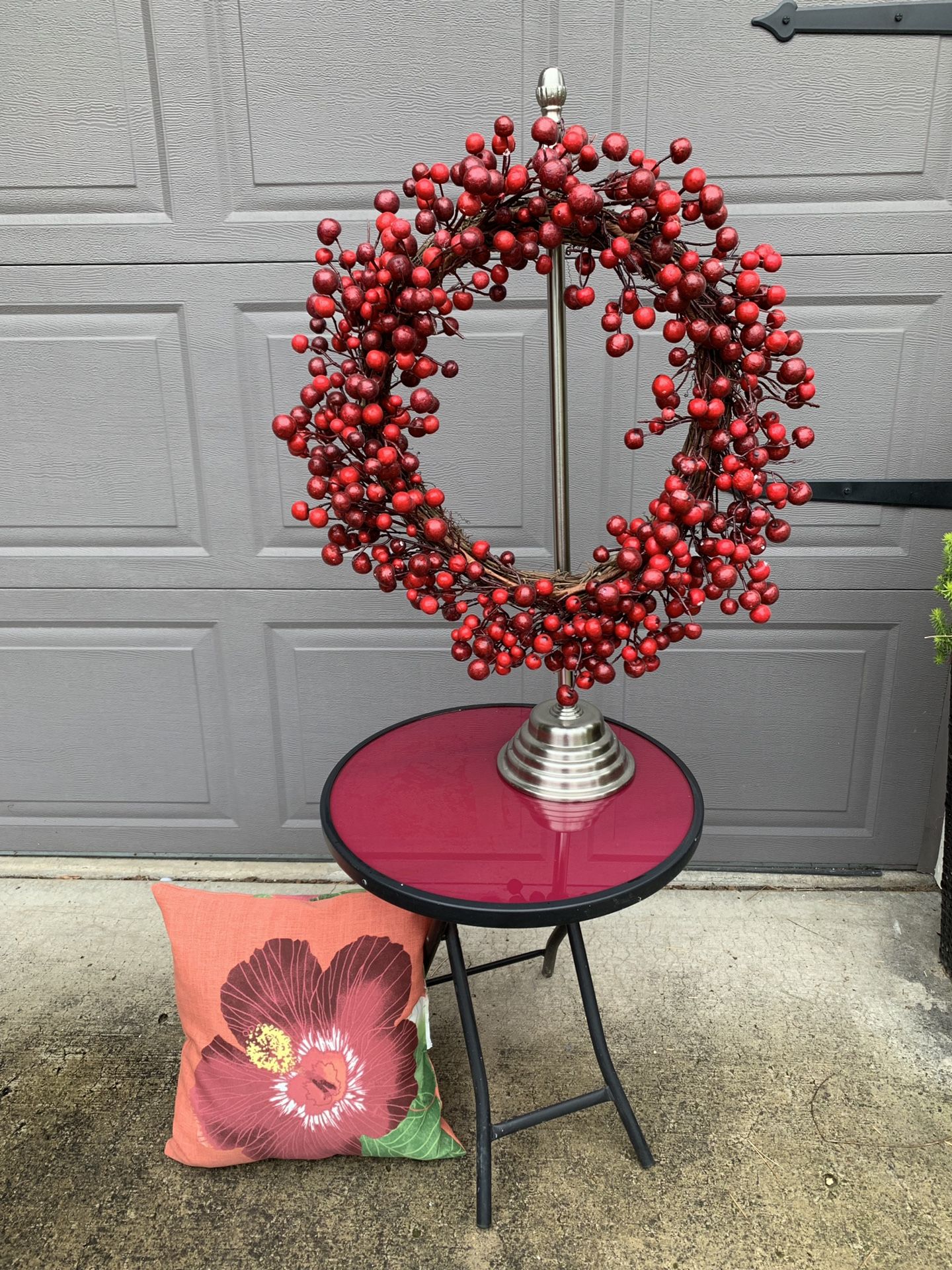 Red side table and wreath