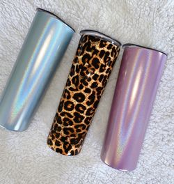 Holographic and leopard print tumblers