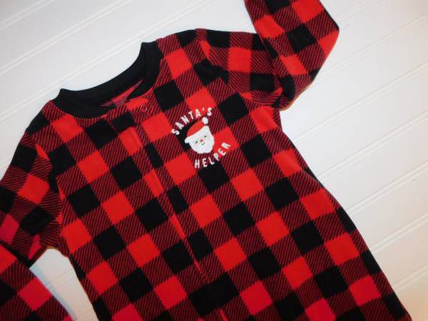 Carter's Boy Fleece Pajama 2T Red & Black Buffalo Plaid SANTA'S HELPER
