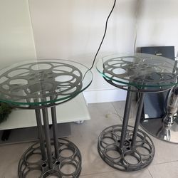 2 Round Glass End Tables – Unique Film Reel Metal Base (Set) OBO