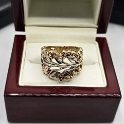 Solid Two Tone 14kt Gold Nugget Leaf Ring Anillo Nugget De Dos Oros 14kt Solido
