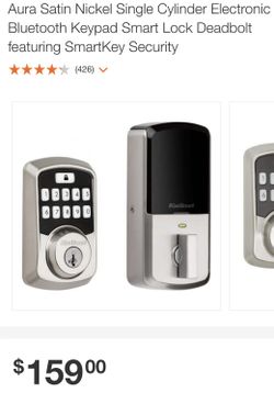 Aura Satin Nickel Single Cylinder Electronic Bluetooth Keypad Smart Lock Deadbolt featuring SmartKey Security