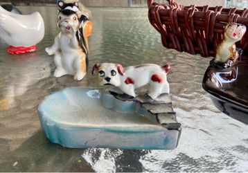 Vintage Japan Bonzo Ashtray and Porcelain Squirrel Figurines