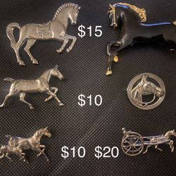 Sterling silver horse pins, top right enamel costume