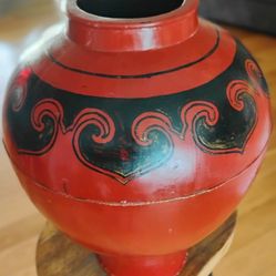 Large Wooden Red Lacquer Asian Vessel