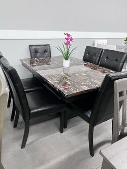 7pc Dining Set With Faux Marble Top