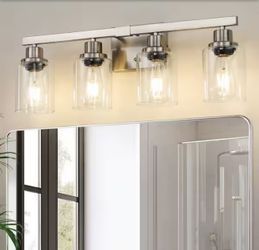 24.2 in. 4-Light Brushed Nickel Modern Bathroom Vanity Light with Clear Glass Shade