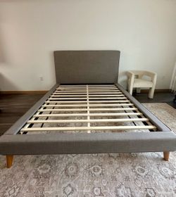 Grey Upholstered Queen Platform Bed Frame