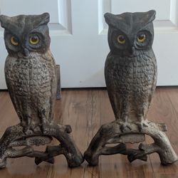 Vintage Cast Iron Owl Fireplace Andirons Glass Eyes 
