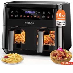 New 10 QT Large Dual Basket Air Fryer, 10-in-1 Air Fryer with Visible Cooking Window and 50PCS Air Fryer Liners, 6 Presets Cookings with Digi