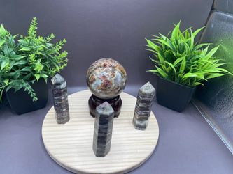 Natural Purple Tourmaline Hand Carved Sphere 453g 67mm, Towers (3) 94g 3.5” , 81g 3.6”. & 94g 3.5”