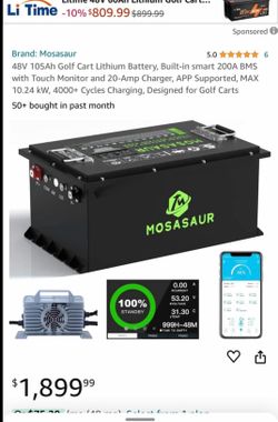 Mosasaur 48V 105Ah BMS200A Lithium Golf Cart Battery with 20A Charger, 51.2 Volt LifePo4 battery with metal casing for Max 10.24kW Power Golf Cart