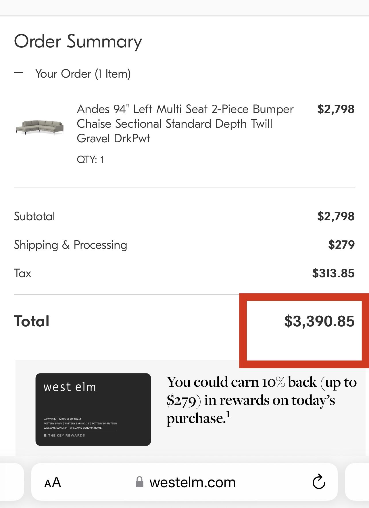 FREE DELIVERY West Elm Andes 2Piece Bumper Chaise Sectional in Gray