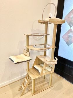 Tall 6FT Wooden Cat Tree Tower with Clear Bowl - Brand New