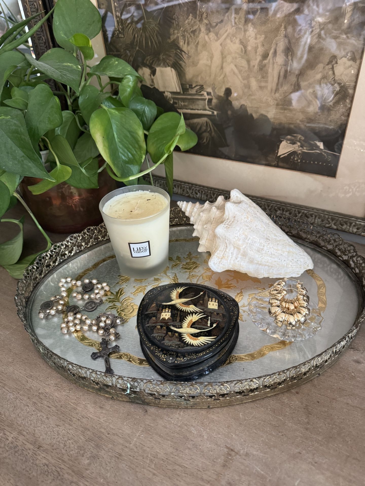 Vtg Gold Floral Glass Vanity Perfume Tray Oval Oversized Hollywood Regency Glamour Make up Cosmetic