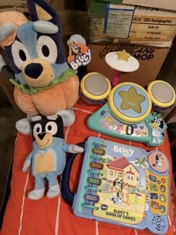 Bluey And Cocomelon Lot Of Toys Books Vehicles Toddler Shoes Size 9 