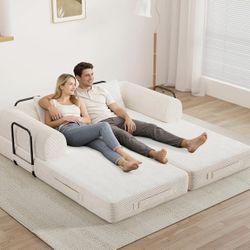 77" Convertible Sofa Bed, Modular Folding Futon Corduroy Floor Foam Compressed Loveseat Sleeper Sofa Couch, Pull Out Queen Size Couch Bed with 2 Pillo