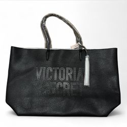 Victorias Secret Tote Bag Black Silver Tassel Weekender NWT 