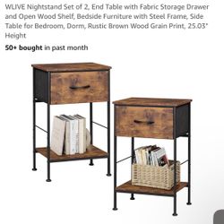 WLIVE Nightstand Set of 2, End Table with Fabric Storage Drawer and Open Wood Shelf, Bedside Furniture with Steel Frame, Side Table for Bedroom, Dorm,
