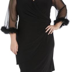 NWT-R&M Richards 20W Black Mini Cocktail Dresss w/Feather Trim Sheer Sleeves