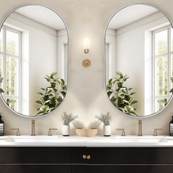 2Pcs,34”x20” Oval Medicine Cabinet with Mirror for Bathroom,Wall-Mounted Metal Medicine Cabinet with 2 Adjustable Shelves,Bathroom Mirror with Storage