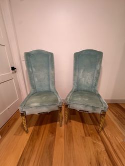 Vintage Hollywood Regency High-Back Slipper Chairs - Light Aqua Blue Velvet (Pair)
