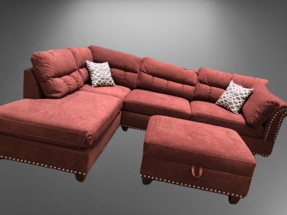 Brand New Red Velvet Like Sectional Sofa +Storage Ottoman (New In Box)