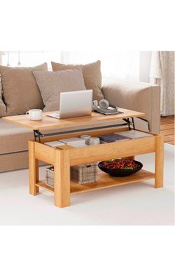 Lift Top Coffee Table with Storage, Wooden Coffee Table with Hidden Compartment & Lower Shelf, Multi-Functional Lift Tabletop for Living Room, Snackin