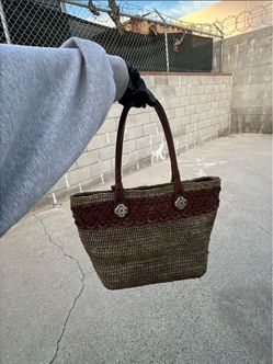 Brighton Woven Straw and Leather Tote Bag with Heart Hardware
