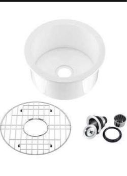 Round White Fireclay Undermount Kitchen Sink with Accessories