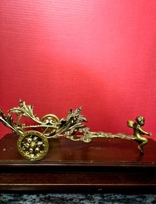 Antique Vintage Gilt Cast Metal Spelter Cherub Chariot Candy Dish 16" 