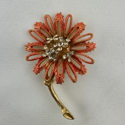 FLORENZA gold tone & Crystal Clearrhinestone trembler coral orange Flower brooch