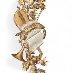 Vintage 1970s Syroco Style Large Gold Musical Wall Plaque - Lute & Horn (30")