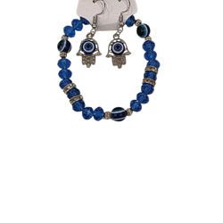 Blue Beaded Bracelet & Hamsa Earrings Set 