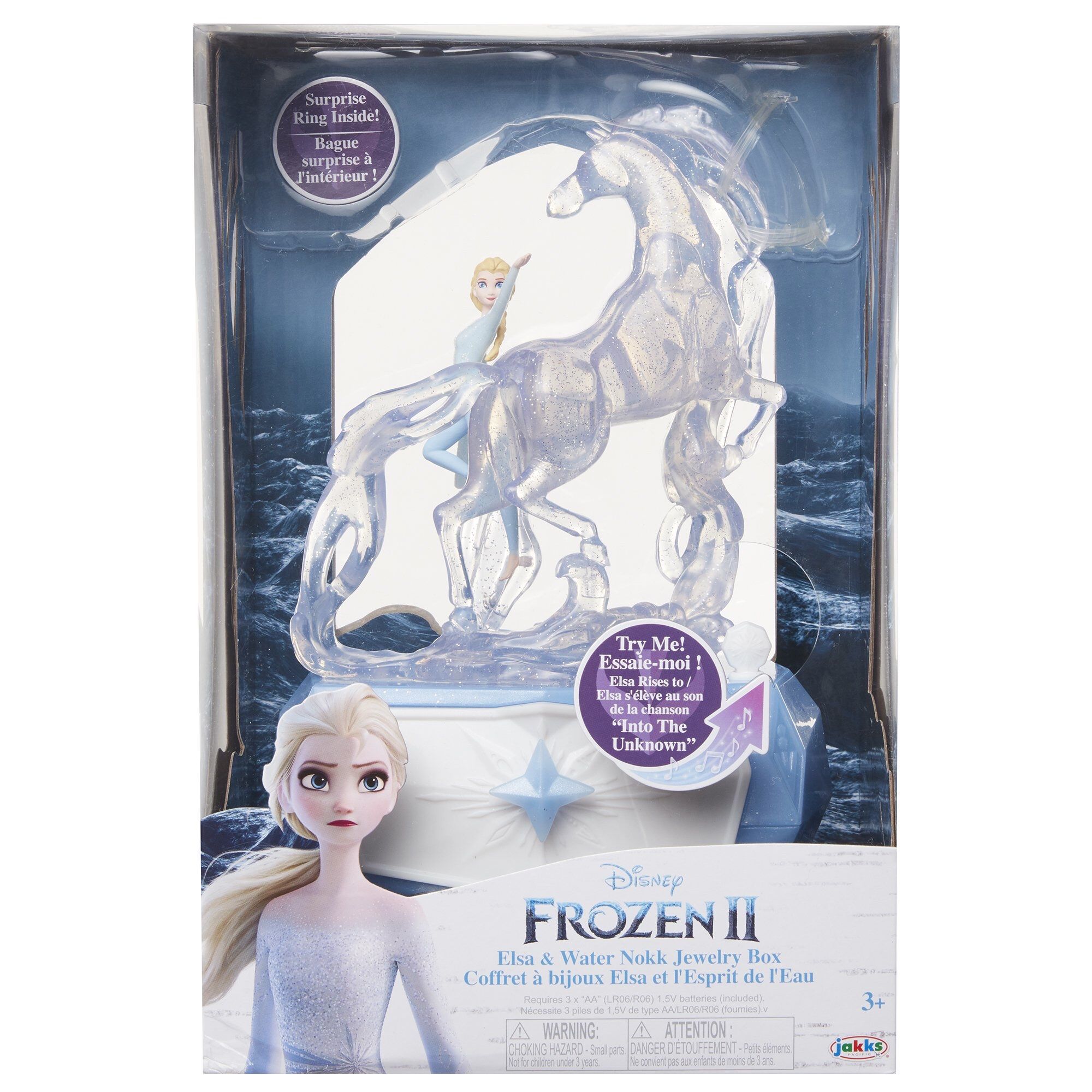 Disney Frozen 2 Elsa & Water Nokk Jewelry Box with Snowflake Ring, Color Changing Light, Plays “Into the Unknown”