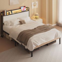 LIKIMIO Full Bed Frame with Headboard, LED Lights and Charging Station