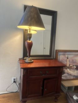 Night stand, Wooden Rose Lamp, and Mirror