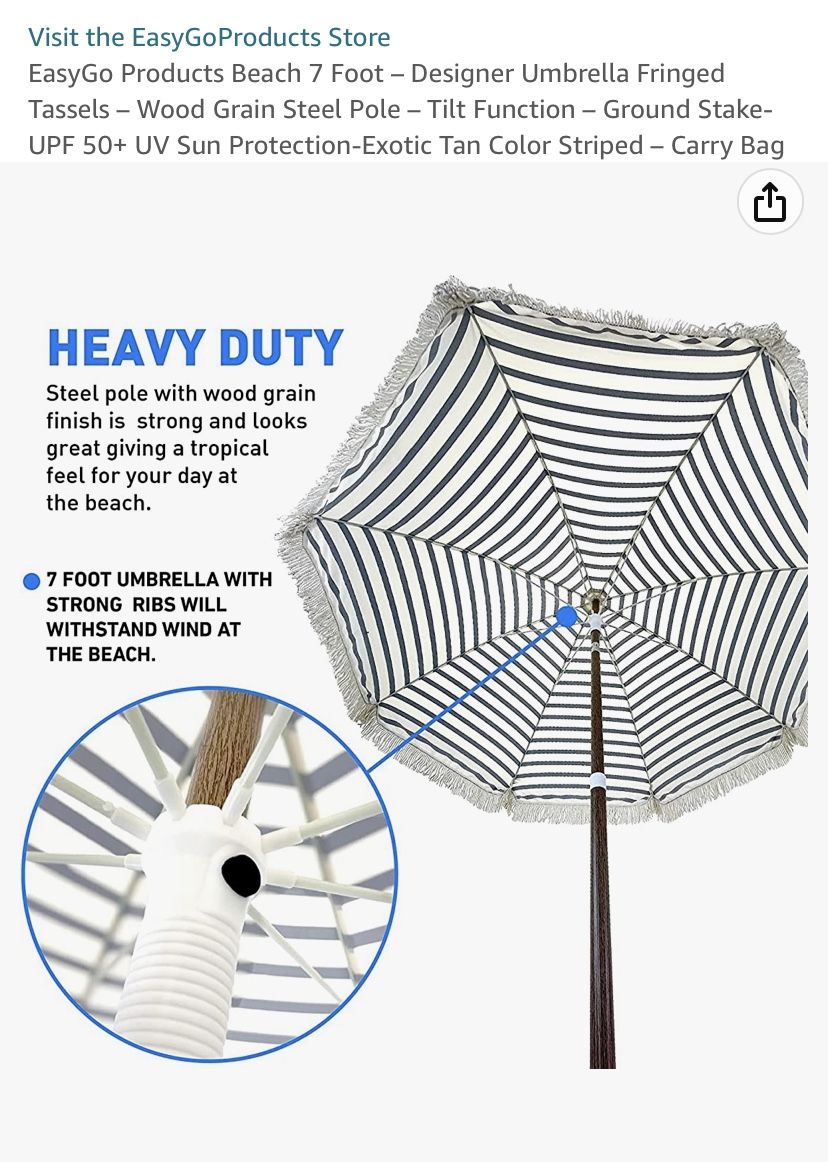 7’ Beach Umbrella Fringed tassels Wood Grain Steel Pole