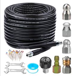 Kit for Pressure Washer 100FT, 5800PSI Drain Cleaner Hose 1/4 Inch NPT Corner, Rotating and Button Hose Sewer Jetting Nozzle Pearl Corsage Pin Waterpr