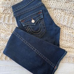 Vintage True Religion JOEY BIG T Flare Jeans 29 MADE IN USA Gold Stitch DarkWash