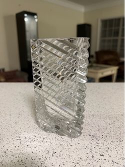 Rogaska triangular Ribbed Crystal Vase Signed 6in