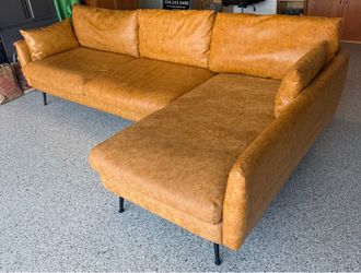 Modern Midcentury Couch/Sectional with Chaise, Black legs, Vegan Leather & Right Facing